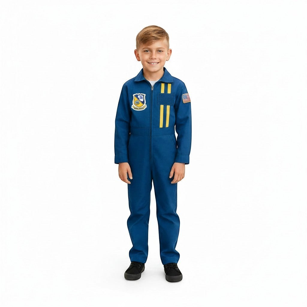Trooper Clothing youth Blue Angels flight suit in blue with embroidered patches and yellow chest stripes