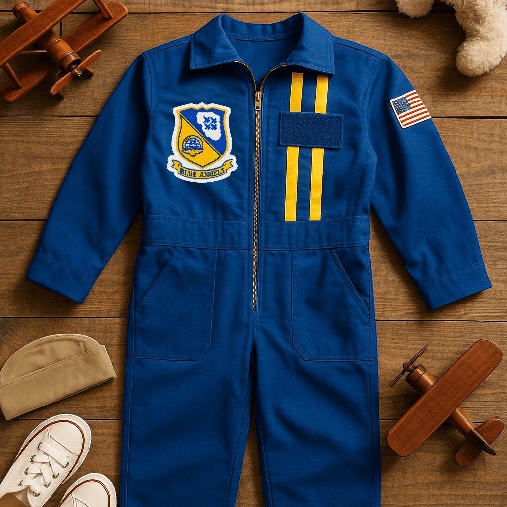 Trooper Clothing youth Blue Angels flight suit in blue with patches, yellow stripes, and matching garrison cap.