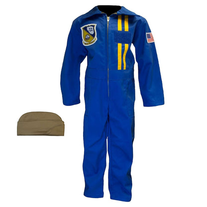 Trooper Clothing blue youth flight suit with yellow stripes, Blue Angels patch, American flag, and garrison cap.