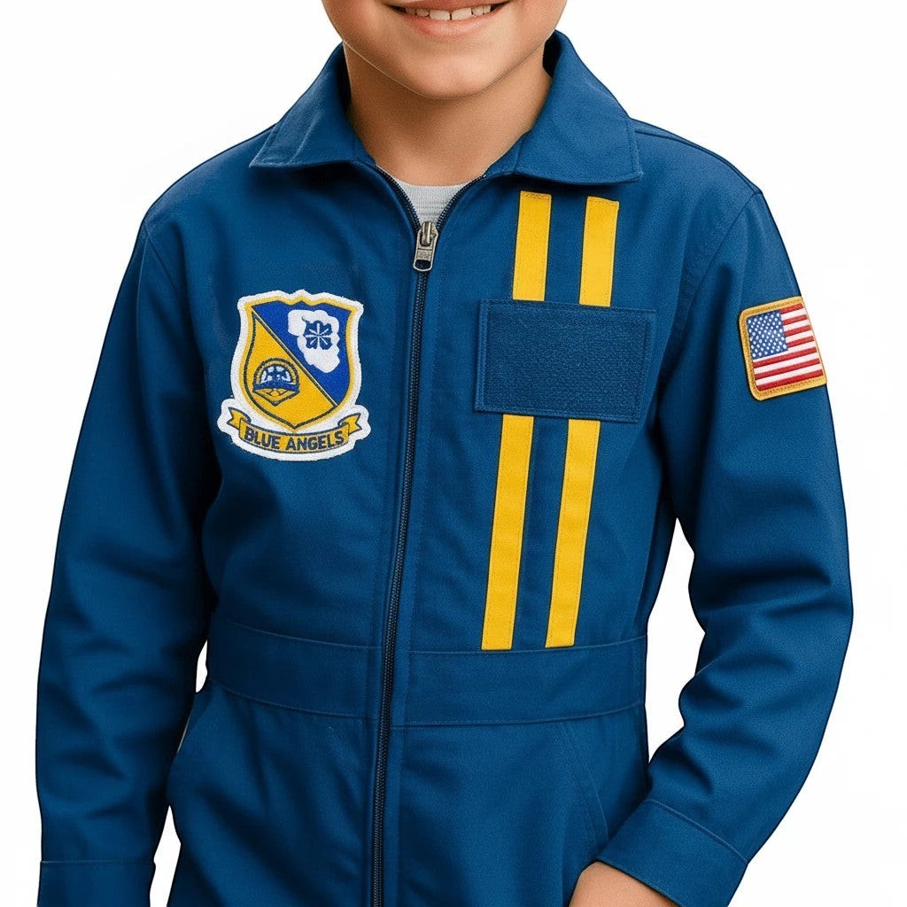 Trooper Clothing youth Blue Angels flight suit in blue with embroidered patches and yellow stripes on the chest