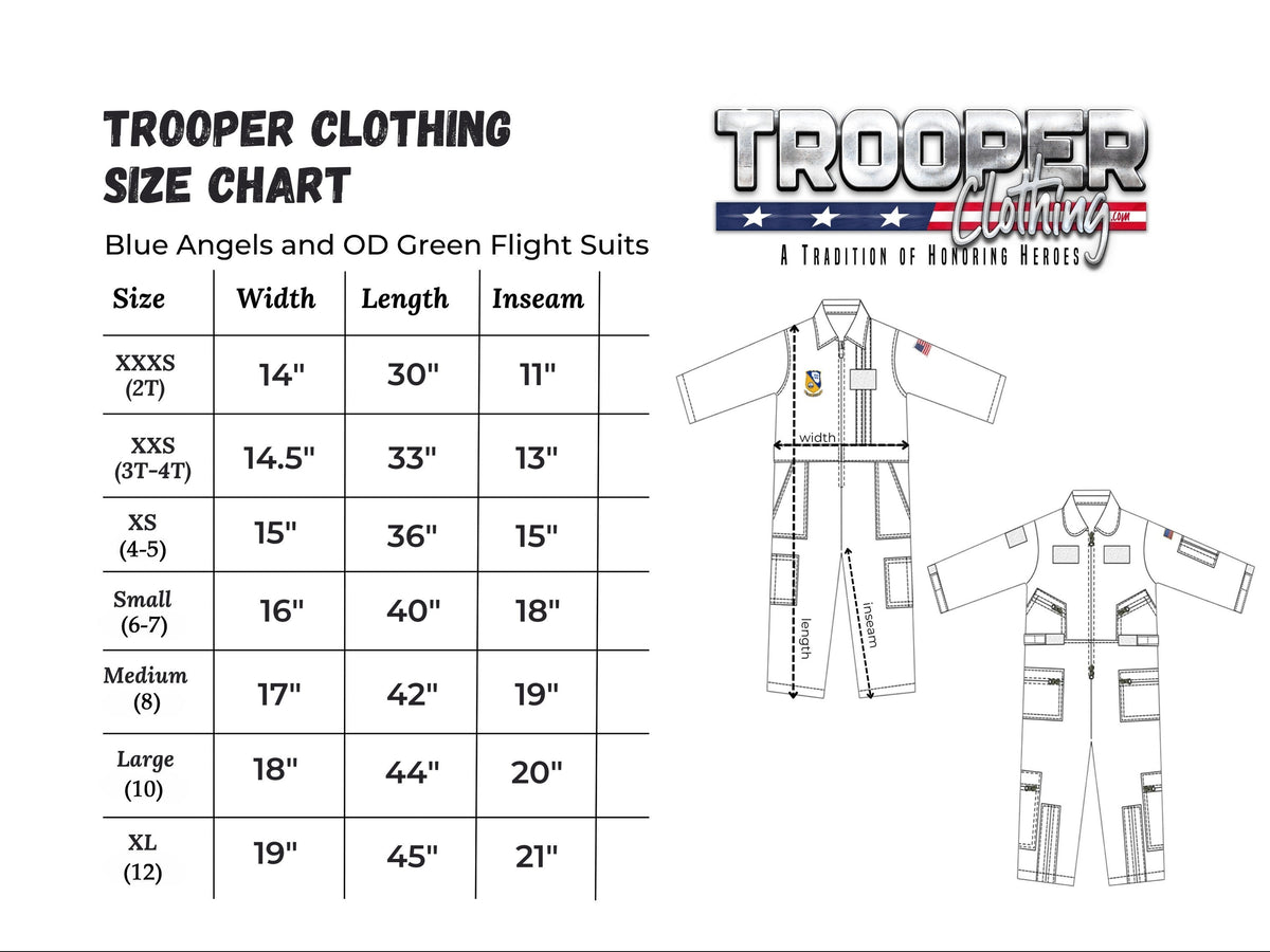 Trooper Clothing Blue Angels flight suit size chart with measurement guide for children's sizes XXXS to XL