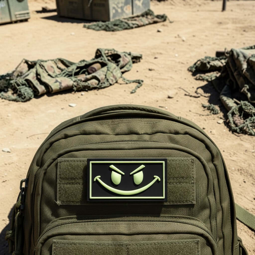 Trooper Clothing black PVC patch with glow-in-the-dark yellow smiley face and border. Hook-and-loop backing.