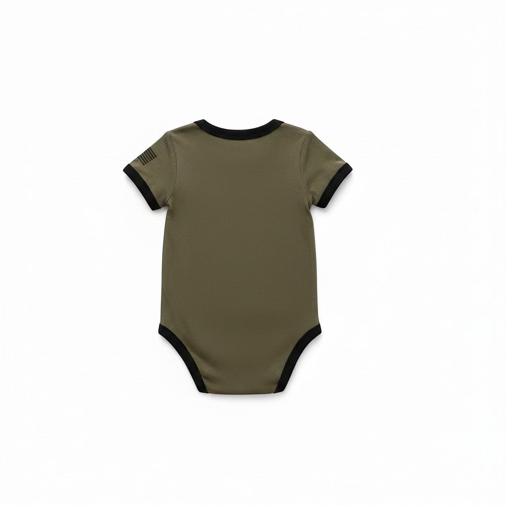Trooper Clothing OD Green baby bodysuit with black trim and American flag detail on the sleeve, back view.