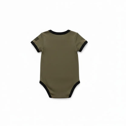 Trooper Clothing OD Green baby bodysuit with black trim and American flag detail on the sleeve, back view.