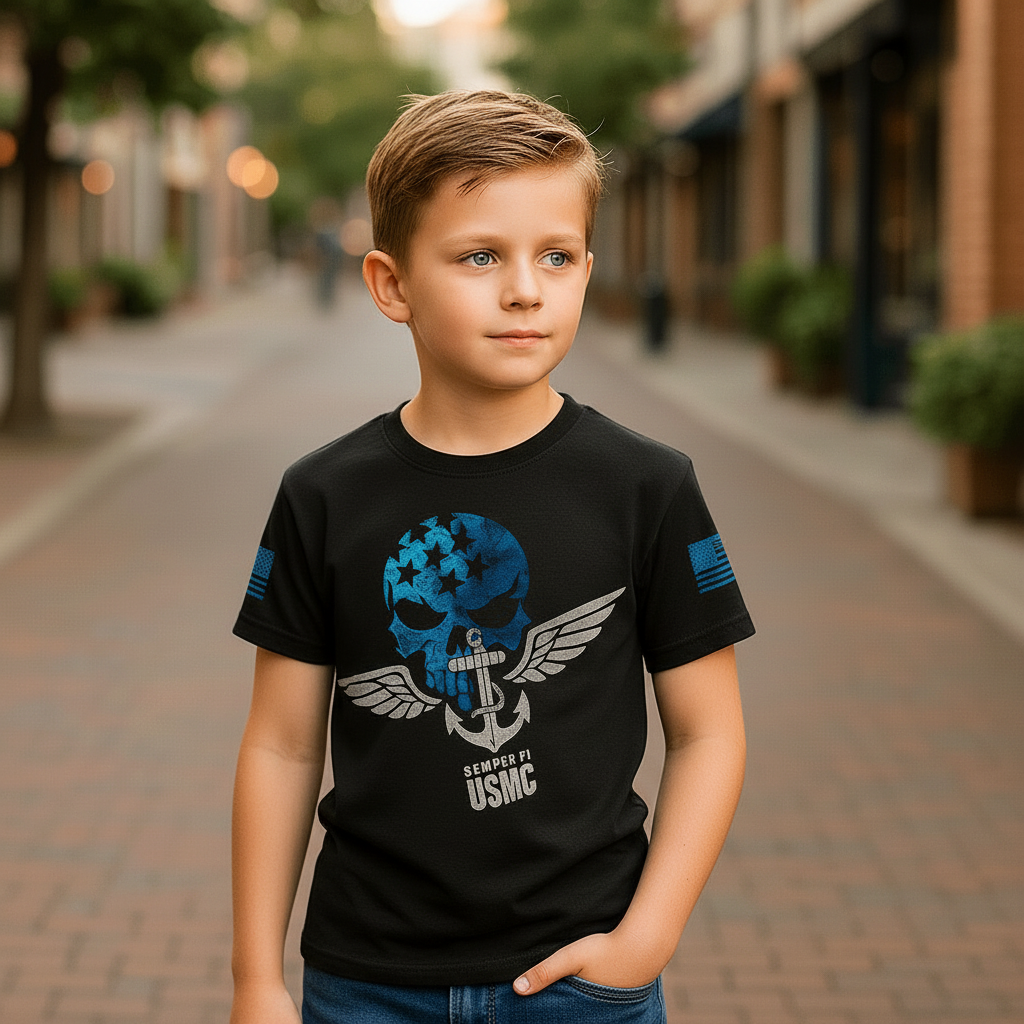 Young boy wearing a black Trooper Clothing USMC performance t-shirt with a distressed skull and anchor logo.