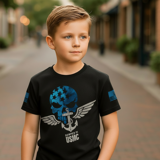 Trooper Clothing youth black performance t-shirt with distressed USMC skull and anchor logo and American flag sleeve