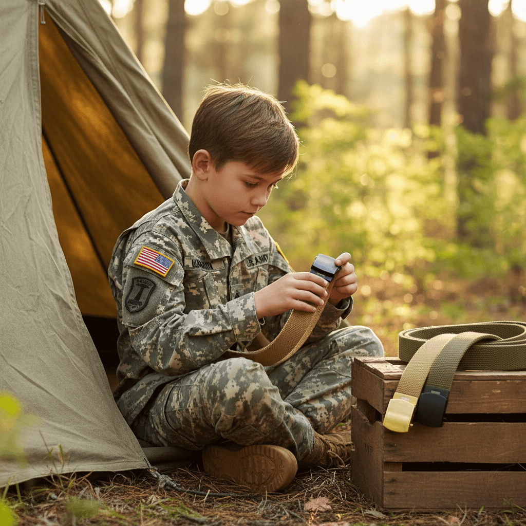 Trooper Clothing youth military style cotton webbed belt with slide buckle, trim to fit, 36" long.