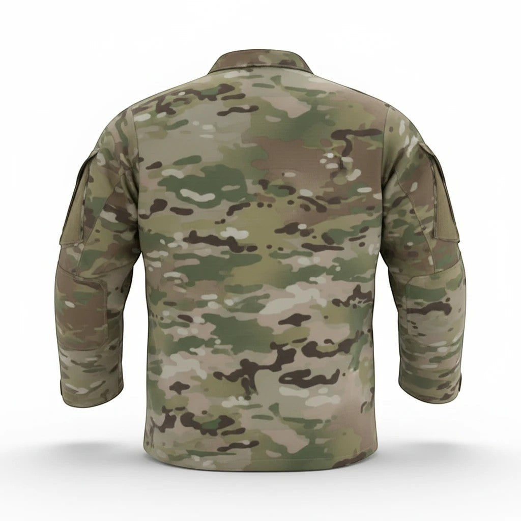 Trooper Clothing youth multicam uniform top in durable ripstop fabric, back view showing camouflage pattern