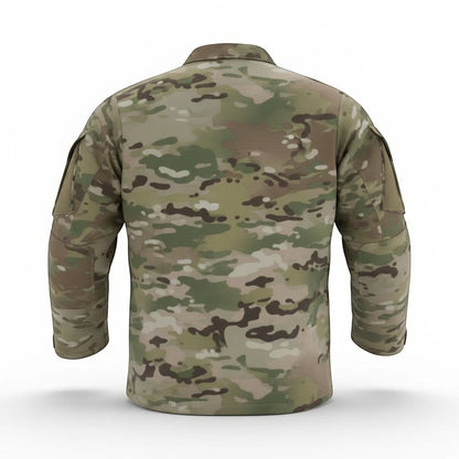 Trooper Clothing youth multicam uniform top in durable ripstop fabric, back view showing camouflage pattern