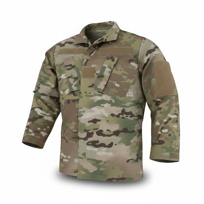 Trooper Clothing youth multicam ripstop uniform top with chest pockets and hook-and-loop patches for military gear.