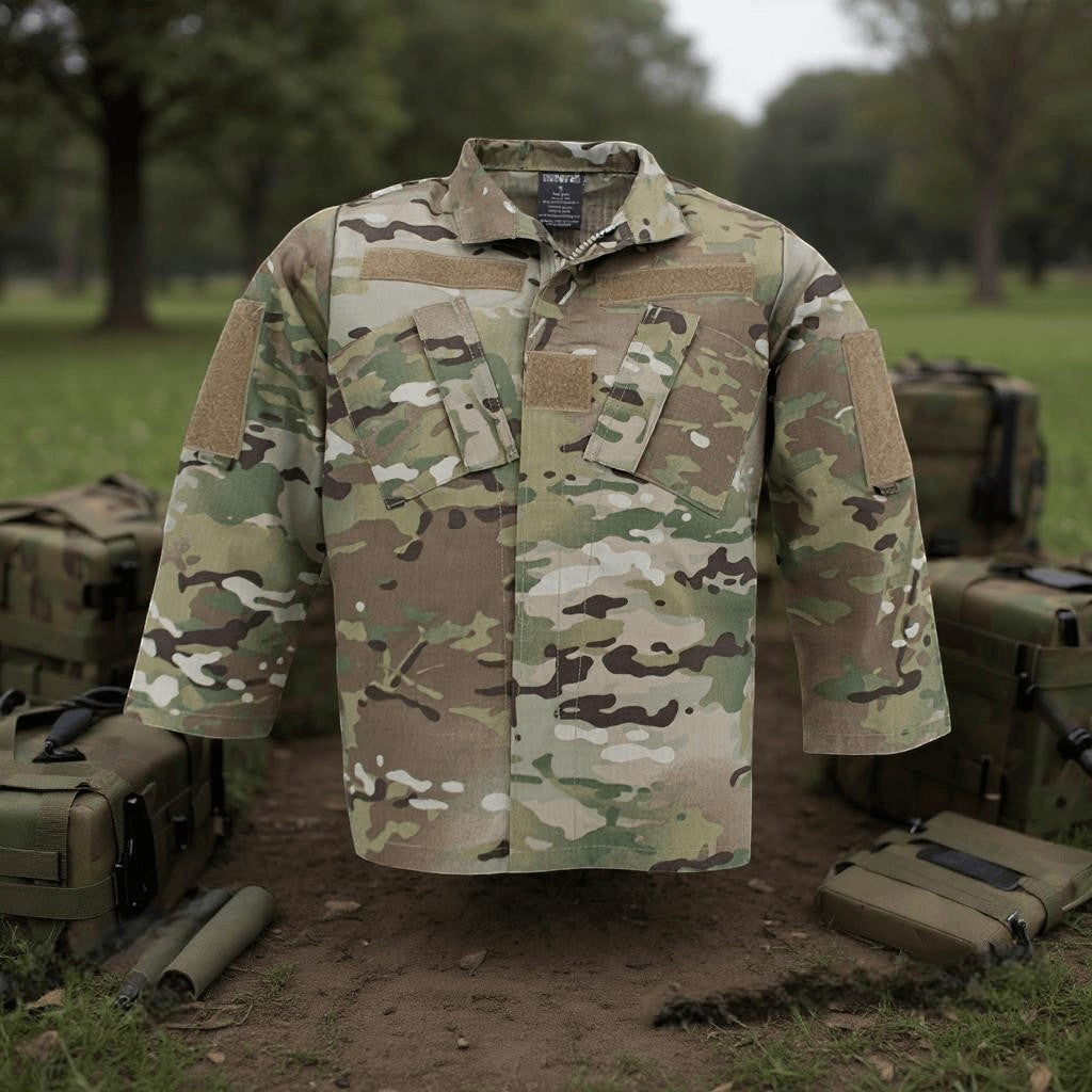 Trooper Clothing youth multicam ripstop uniform top with zippered front, chest pockets, and hook-and-loop patches.