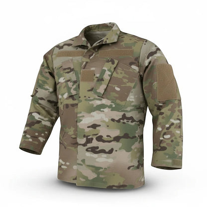 Trooper Clothing youth multicam uniform top in durable ripstop fabric with chest pockets and hook-and-loop patches.