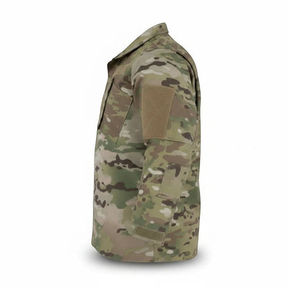 Trooper Clothing youth multicam uniform top in durable ripstop fabric with hook-and-loop patches, side view.