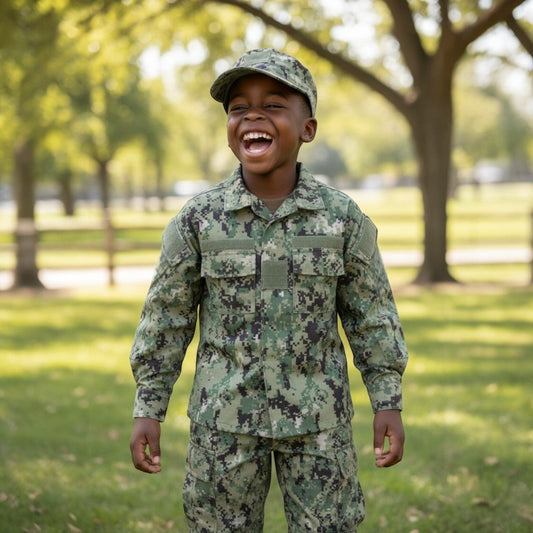 Trooper Clothing youth navy NWU III 3pc set with digital camouflage pattern, including a cap, 2-pocket top, and 6-pocket pants made of ripstop.