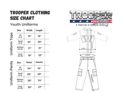 Trooper Clothing youth uniform size chart showing measurements for multicam tops and pants with technical illustrations.