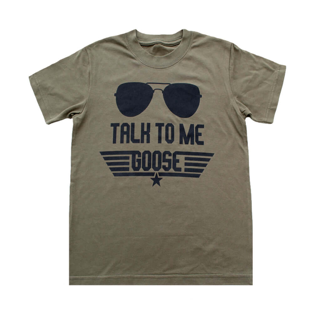 Youth Talk To Me Goose Shirt featuring aviator sunglasses design in OD Green color.