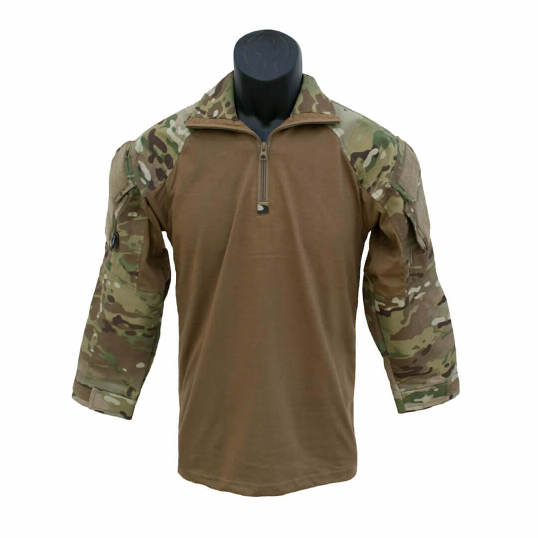 Youth Multicam Overwatch Tactical shirt with 1/4 zip collar and camouflage sleeves for comfort and durability.