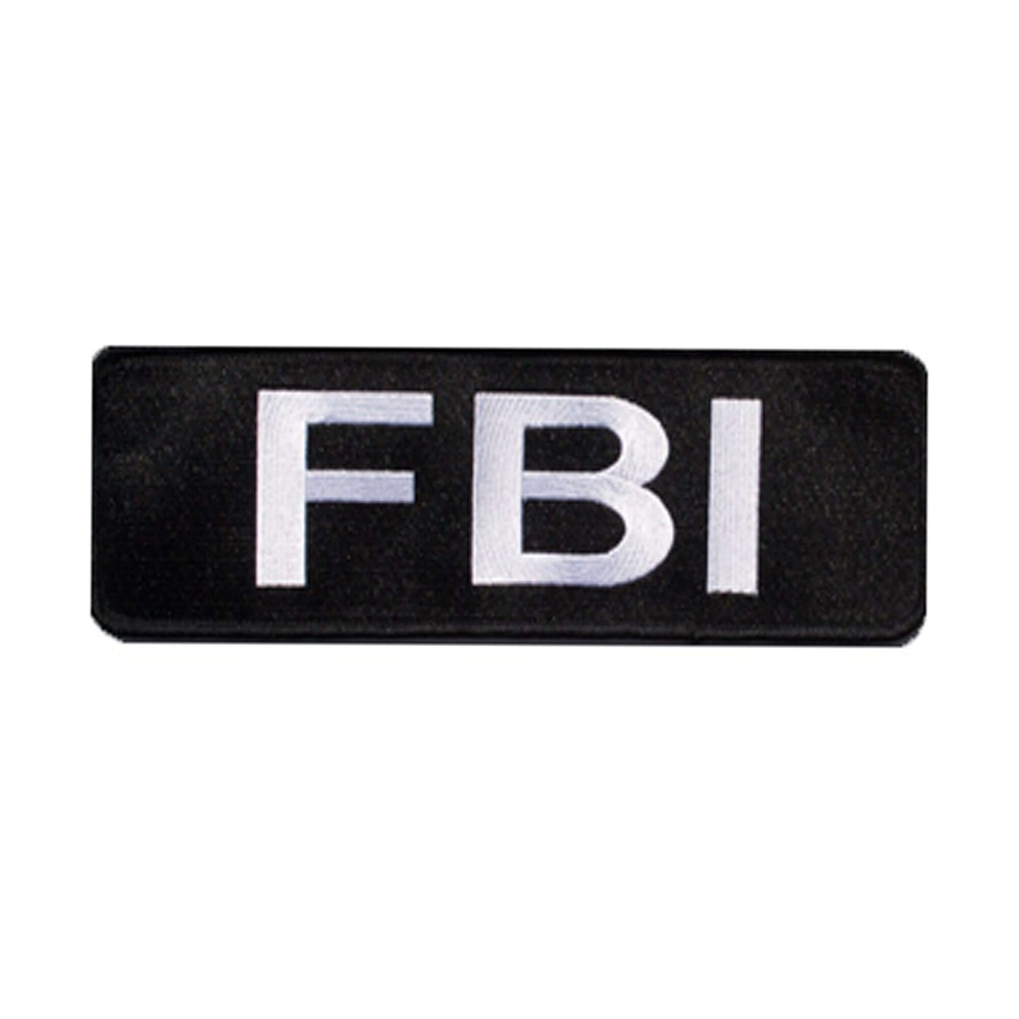 Black FBI patch with white lettering for tactical uniforms or costumes.