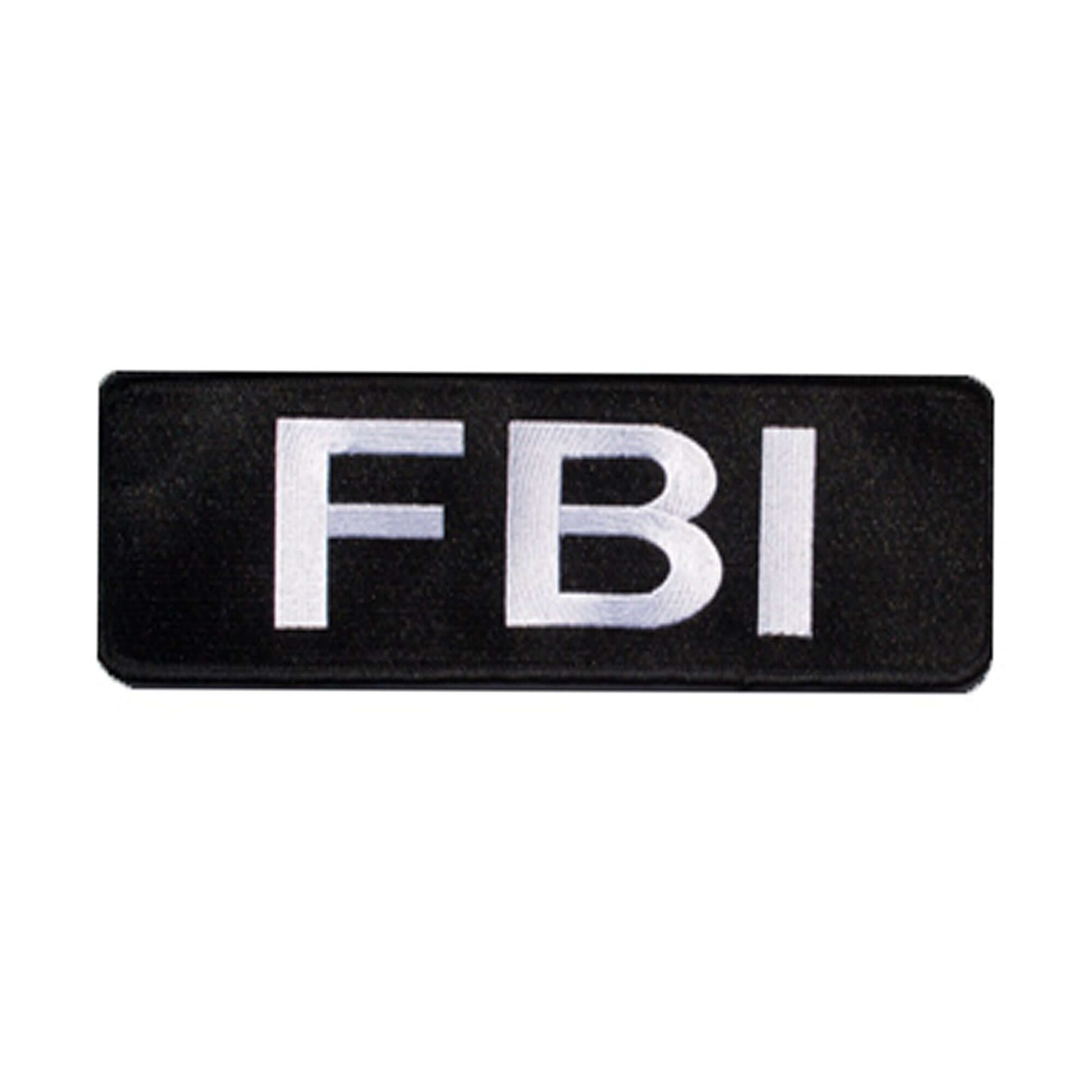 Black FBI patch with white lettering for tactical uniforms or costumes.
