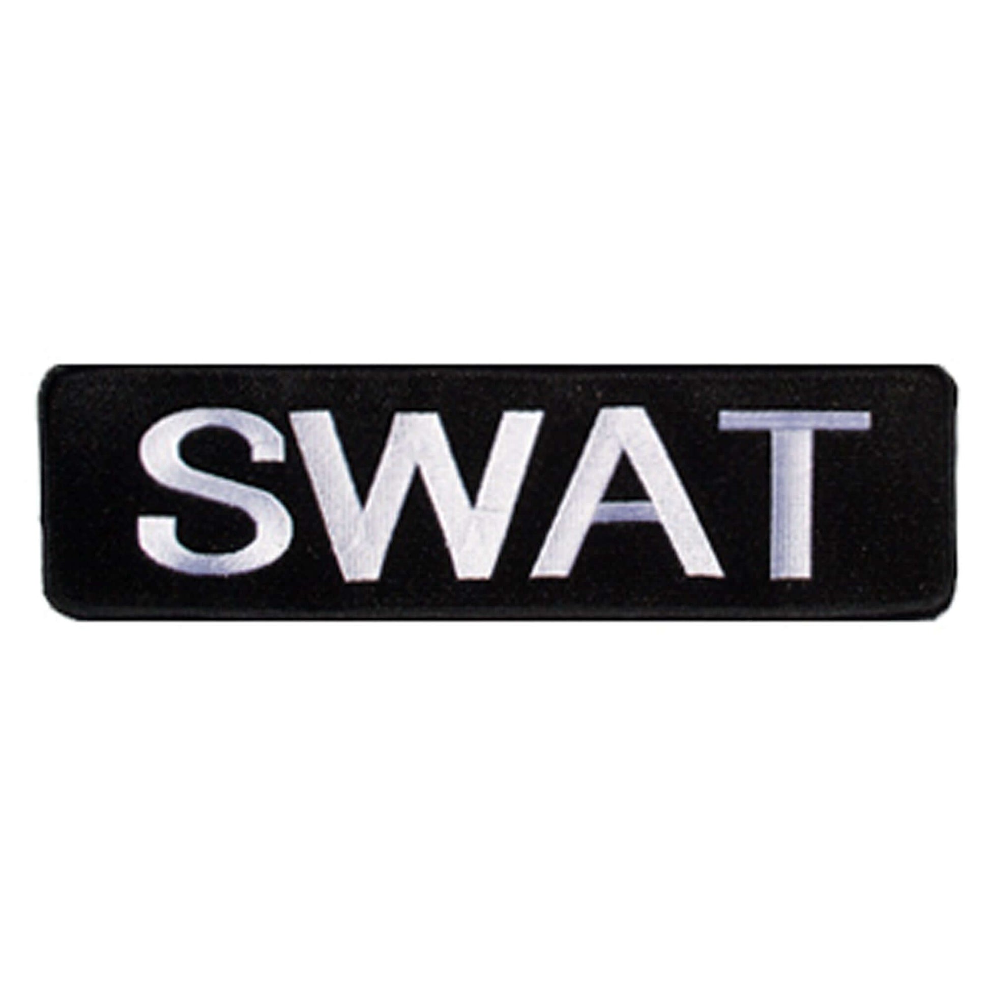 Black SWAT patch with white lettering for tactical uniforms and clothing.