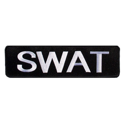Black SWAT patch with white lettering for tactical uniforms and clothing.