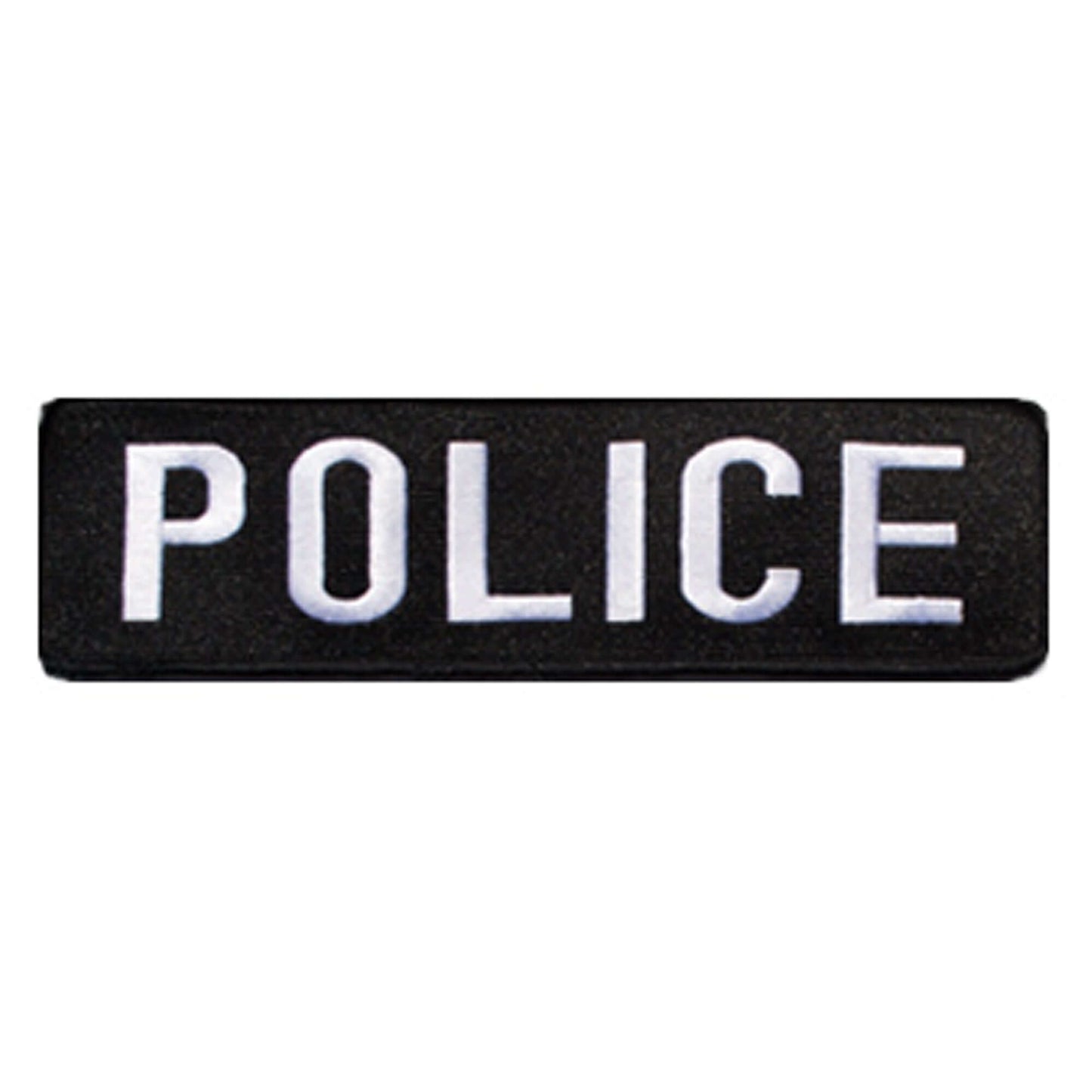 Black police patch with white letters spelling 'POLICE', ideal for tactical uniforms.