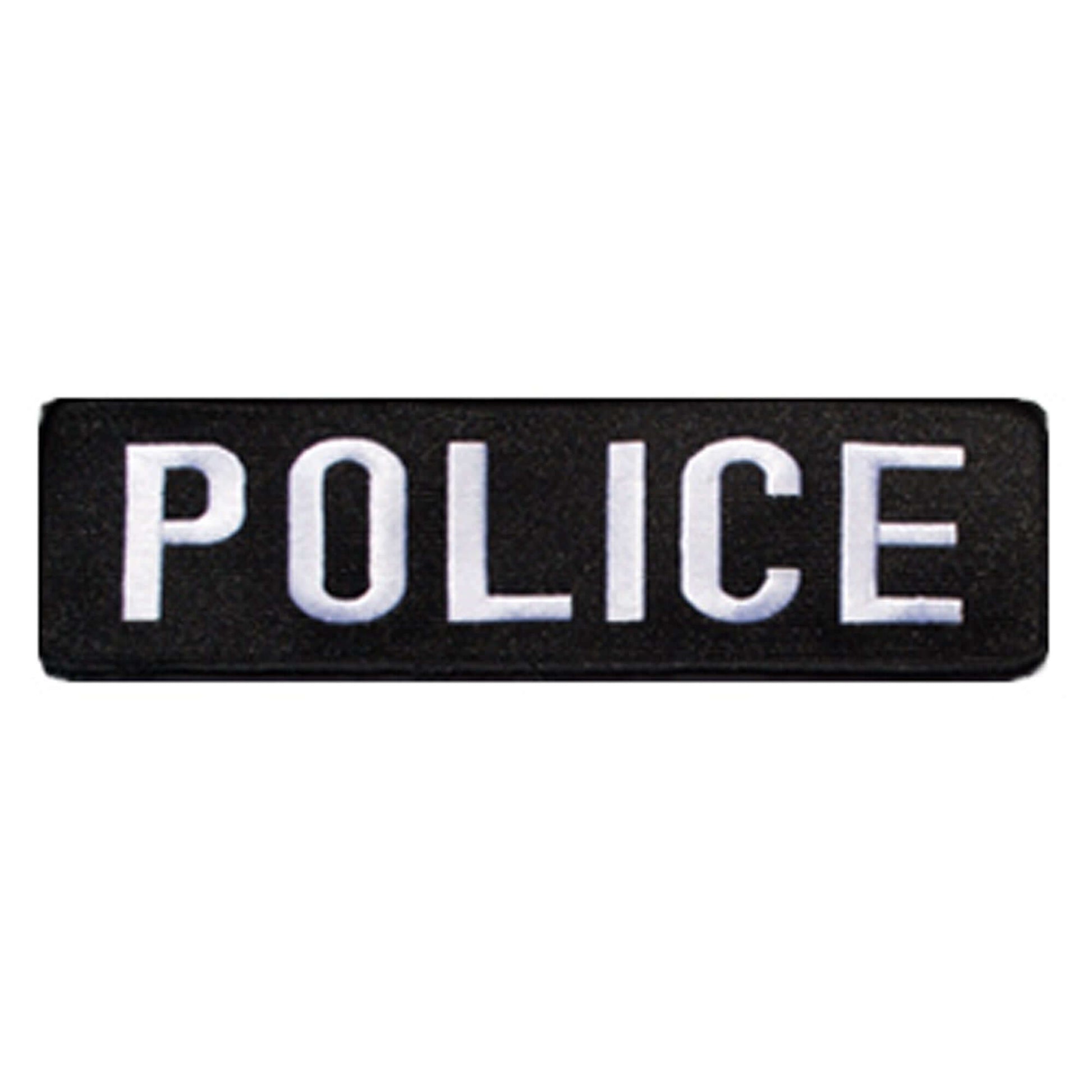 Black police patch with white letters spelling 'POLICE', ideal for tactical uniforms.