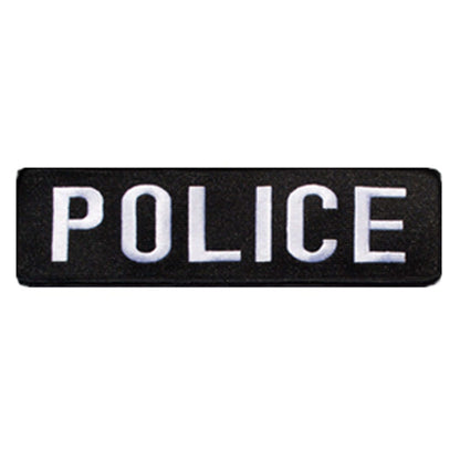 Black police patch with white letters spelling 'POLICE', ideal for tactical uniforms.