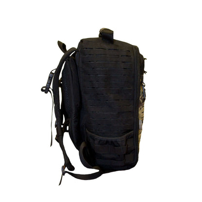 Diaper-Bag Multicam Black Tacticool shown from the side, featuring a laser cut molle grid for versatility.