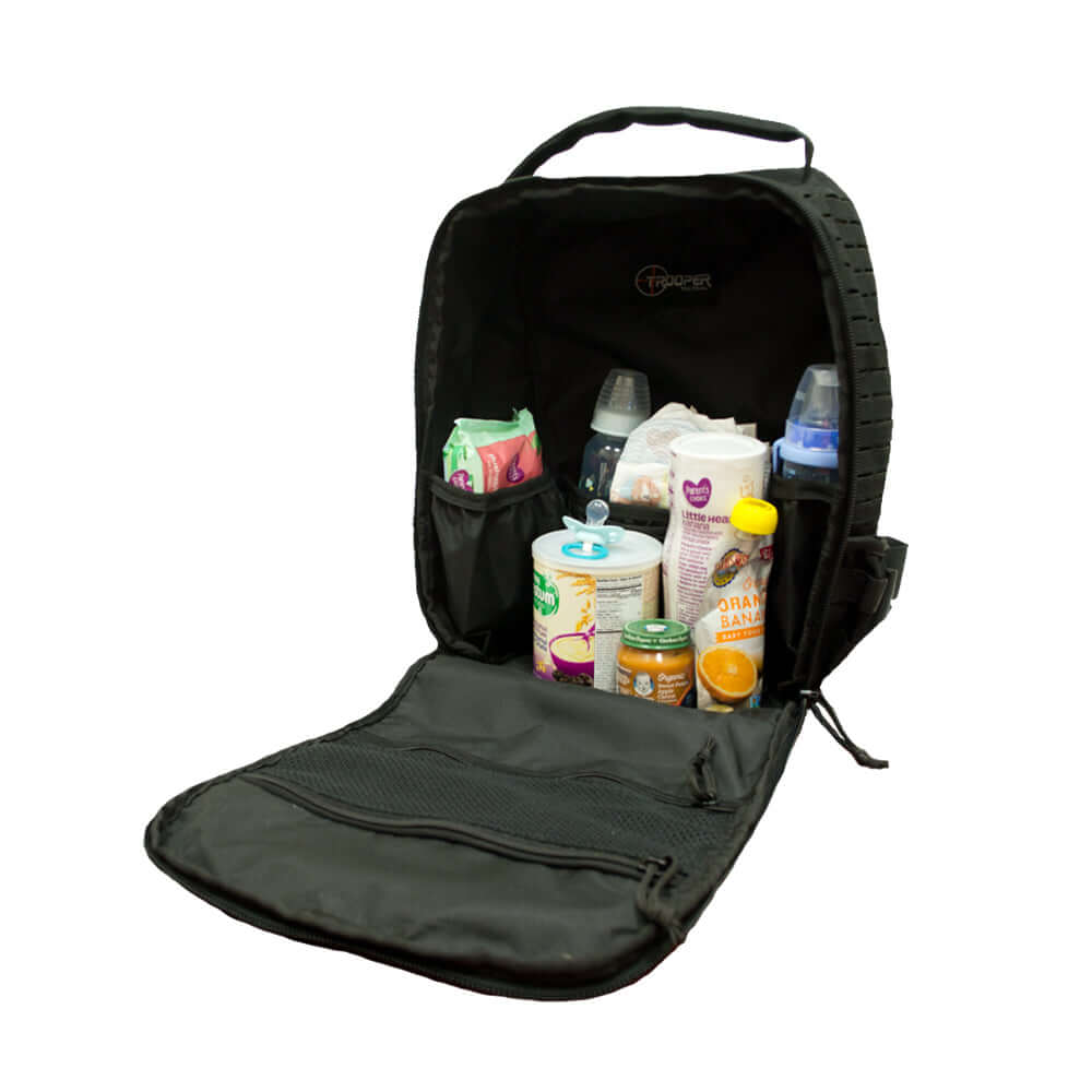 Diaper-Bag Multicam Black Tacticool interior view showing organized storage for bottles and beverages.